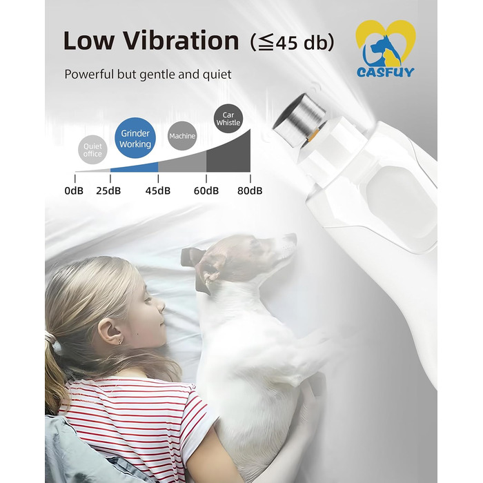 Електричний точилка для кігтів собак Casfuy - 6 режимів, 45 dB, з LED-підсвічуванням, для великих, середніх та малих собак, з захистом від пилу (білий)