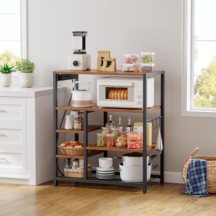 HOOBRO Поличка кухонна з розеткою (3 розетки з вимикачем), підлогова, для мікрохвильової печі з 3 знімними S-гачками, 5 ярусів, для кухні та вітальні, вінтажний коричневий та чорний колір, EBF25CHB01