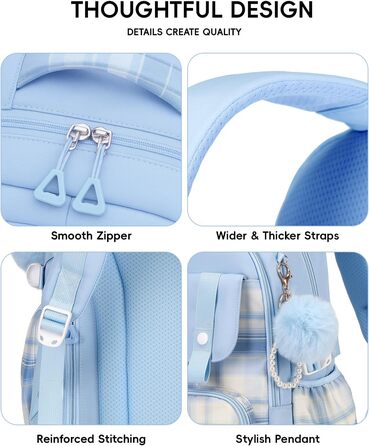 Шкільний рюкзак Tanou для дівчаток-підлітків, великий набір з сумкою через плече, в клітинку, 26L, блакитний