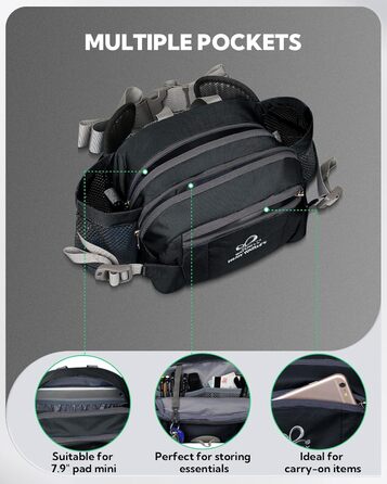 Водонепроникна поясна сумка Waterfly з тримачем для пляшки, регульованим ременем, кишенею для телефону, для туризму, подорожей, кемпінгу, чорна