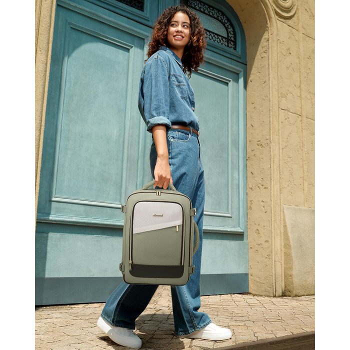 Рюкзак ручної поклажі LOVEVOOK 45x36x20, 32L для Ryanair, Eurowings, Wizz Air (40x30x20cm, зелений+бежевий)