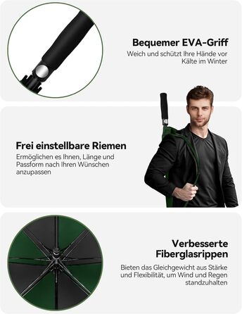 TECKNET Головний парасолька великий XXL, гольф-парасолька 173 см, стійкий до вітру, подвійний купол, вентильований, автоматичне відкриття, ручка EVA, для жінок та чоловіків (чорний та зелений, 150 см)