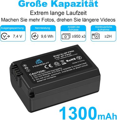 Акумулятор NP-FW50 Homesuit 1300mAh та LCD-зарядний пристрій для Sony Alpha A6000 A6300 A6400 A6500 ZV-E10 7RM2 A7SM2 A7M2 A7 II A7R II A7S II A55 A5000 A5100 A3000 RX10 II III IV NEX-3/5/6/7 NEX-F3 (3 шт.)