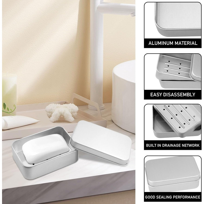 Алюмінієва мильниця з кришкою, підставка для мила та мішечок для мила з сизалю, нержавіюча сталь, для подорожей, підходить для твердого мила