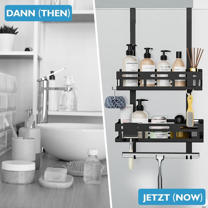 Reading Tour Shower Shelf 0n Drilling Black, Hanging Shower Shelf for Glass Shower Doors, Hanging Shower Shelf with 2 Shower Baskets, 4 Fixed Hooks, 1 Glass Wiper Hook, and 2 Movable Hooks Equipped