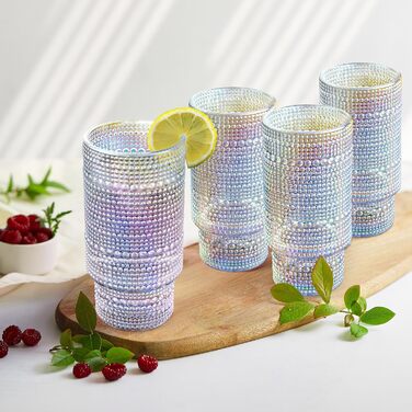 Joeyan 300ml Hobnail Rainbow Water Glasses, Vintage Stackable Colorful Highball Glasses, Pearl Embossed Iridescent Drinking Glasses, Romantic Rainbow Juice Glasses Cocktail Glasses, Set of 4, Dishwasher Safe