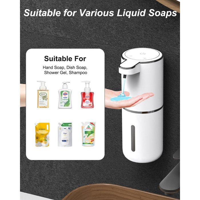 Автоматичний диспенсер для мила Dalugo USB-C, електричний сенсорний дозатор мила з 4 рівнями регулювання, для кухні та ванної кімнати, білий
