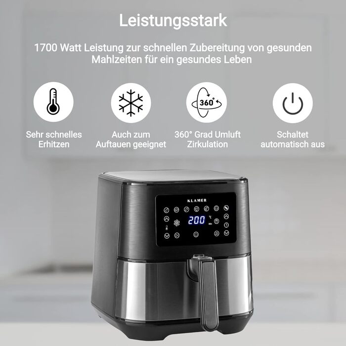 Фритюрниця KLAMER 5,5 л XXL без олії, 1700 Вт, аерофритюрниця з LED-екраном, цифровою німецькою книгою рецептів, багатофункціональна міні-фритюрниця з нержавіючої сталі