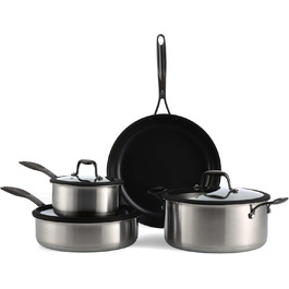 Набір посуду BK Ceramic Black 7-piece з нержавіючої сталі з керамічним антипригарним покриттям без PFAS, чорний. Ідеально для приготування їжі на індукційних плитах, безпечний для миття в посудомийній машині та використання в духовці.