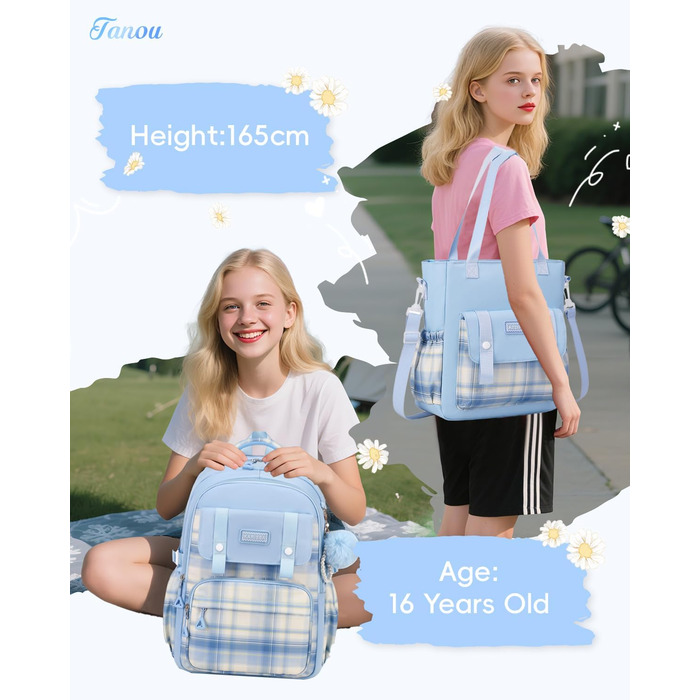 Шкільний рюкзак Tanou для дівчаток-підлітків, великий набір з сумкою через плече, в клітинку, 26L, блакитний