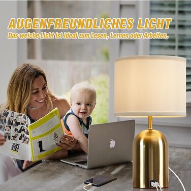 Настільна лампа GyroVu з USB-портом, сенсорним керуванням, 3 рівнями регулювання яскравості, тканинним абажуром та золотим підставою для спальні, вітальні та домашнього офісу
