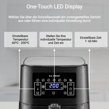 Аерофритюрниця KLAMER 5,5 л XXL, без олії, 1700 Вт, LED-екран, цифрова, з німецькою кулінарною книгою, багатофункціональна, чорна
