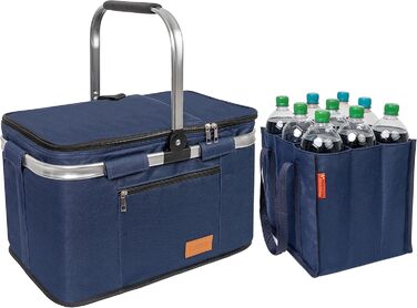 Foldable Shopping Basket 35L + Bottle Bag with 9 Compartments for Bottles up to 1.5L | Set of Large Insulated & Waterproof Cooler Bag + Bottle Basket: Lunch Bag, Bottle Carrier, Thermos Bag, Bottle Bag