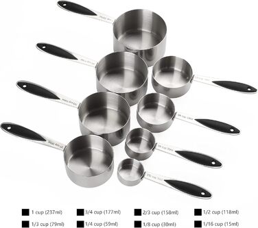 Measuring cup and spoon set, stainless steel, includes 8 sturdy measuring cups, 8 double-sided magnetic measuring spoons, and 1 leveler for dry and liquid ingredients