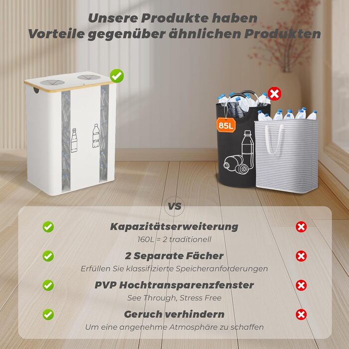 Laundry basket with 2 compartments, deposit bottle collection container with lid, container for deposit bottles, glass recycling, and paper waste collection, deposit bottle container bamboo with bag, must-have (Beige/Cream, XXL)