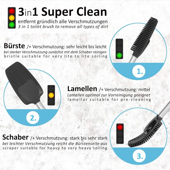 Силіконова щітка для унітазу 3-в-1 з тримачем та кріпленням на стіну, довга ручка з нержавіючої сталі, гігієнічна з ламелями та скребком - набір для ванної кімнати та гостьового туалету, нержавіюча сталь, срібло