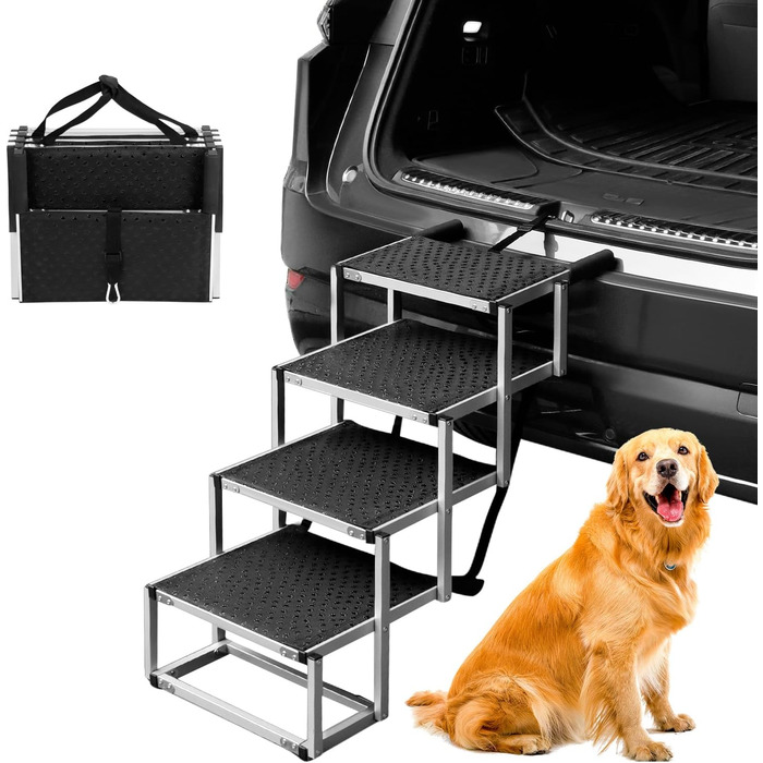 QWORK® 4-Step Folding Dog Stairs for Car - Adjustable Height, Anti-Slip, Up to 80kg