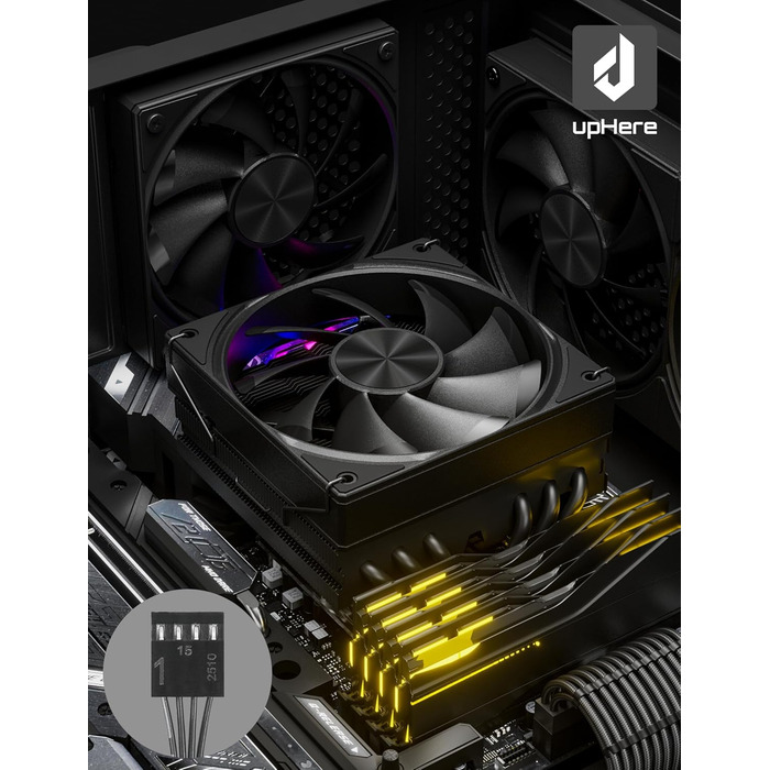 upHere Охолоджувач CPU H85KC6 (чорний): Низькопрофільний кулер з ARGB підсвічуванням для AMD AM4/AM5 та Intel 1700, 85мм висота, 6 heatpipes, 180W TDP