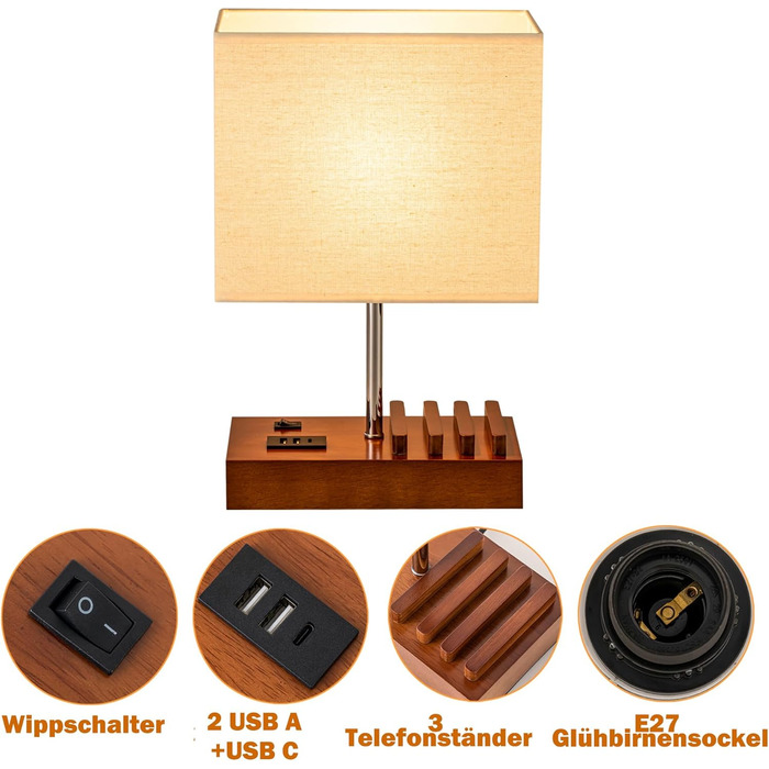 Настільна лампа Dreamholder з 3 USB-портами (A+C), підставкою для телефону, для спальні, вітальні, офісу, з натуральним дерев'яним цоколем та тканинним абажуром (цоколь з горіхового дерева)