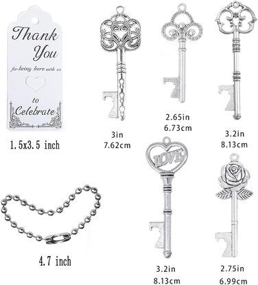 Aokbean Vintage Bottle Opener 100pcs Skeleton Wedding Gifts Guest Memorial Favor Set with Thank You Card and Chain for Wedding Birthday Baptism Party Gifts (Antique Silver)