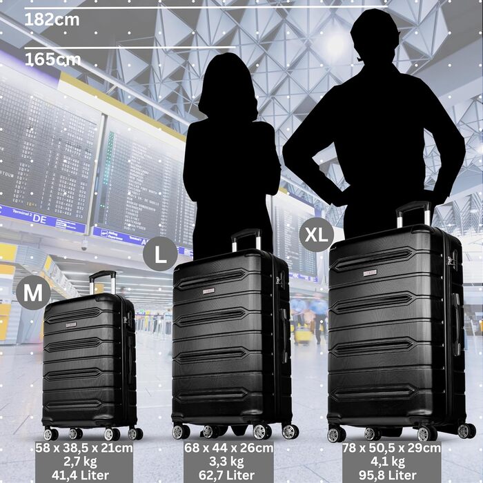 Чемодан NOWI Rhodos – 3-секційний, жорсткий, з ABS, кодовий замок, 4 колеса, розширюваний, 360° обертання, легкий та міцний. Розміри M, L, XL (Чорний)