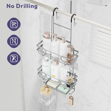 Настінна поличка для душу SWTYMIKI з нержавіючої сталі з 2 кошиками та 2 мильницями, 14 гачків, срібна