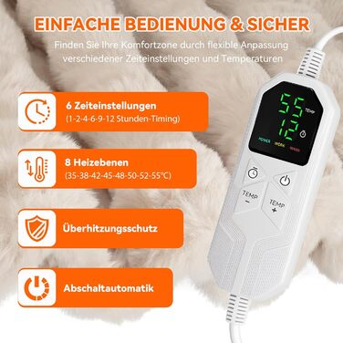 Електрична гріюча ковдра Warmfay з автоматичним вимкненням, 180 × 130 см, штучне хутро, теплий фліс, 8 режимів нагріву, таймер 1-12 годин, пральна, м'яка ковдра для ліжка та дивана - кольору абрикос