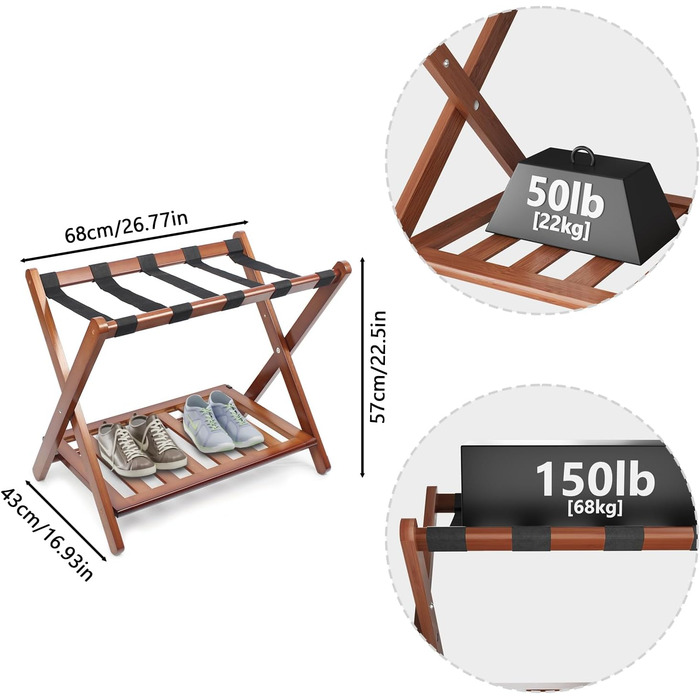 Fully assembled white luggage rack, improved bamboo, foldable suitcase stand with 5 nylon straps, luggage rack with shelf for guest rooms, hotel (white luggage rack, 1 piece) (1 x Walnut)
