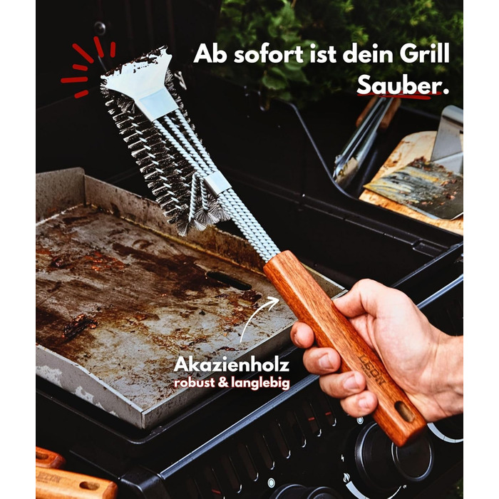 Набір гриль-посуду LEÓN Goods®: щипці, лопатка, виделка, щітка для гриля (4 шт.) з нержавіючої сталі та акації, для газових грилів. Ідеальний подарунок для гриля!