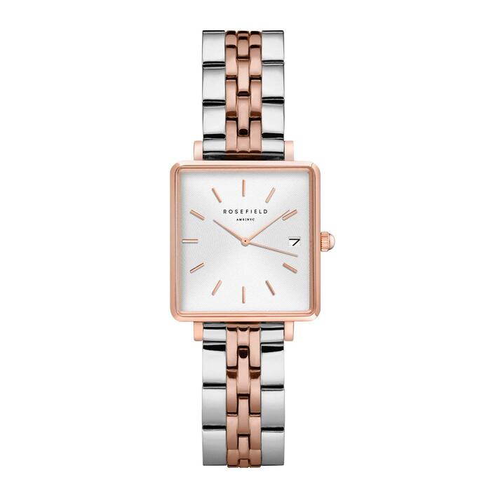 Жіночий наручний годинник Rosefield Boxy XS з білим циферблатом Sunray, 22x24 мм (колір: рожеве золото та срібло)