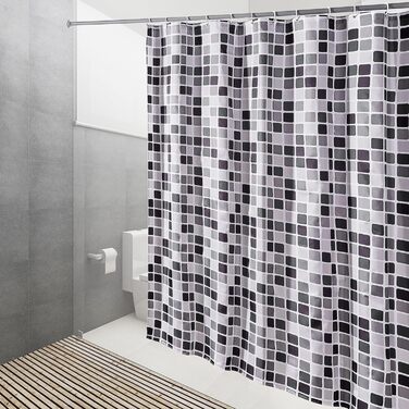 Шторка для душу DUFU, водовідштовхувальна, миється | Швидковисихаюча поліестер, 12 гачків | Напівпрозора захисна шторка для ванни (180x200 см, Темно-сірий) (Мозаїка 180x200 см)