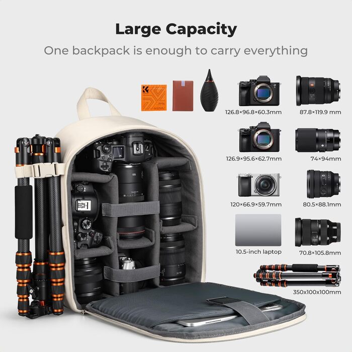 Сумка-рюкзак для фототехніки K&F Concept: компактний та легкий рюкзак для DSLR, дзеркальних камер та штатива з дощовиком, колір слонова кістка
