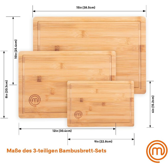 Набір дерев'яних обробних дощок MasterChef: великий (38x27.5 см), середній (34x23.5 см), маленький (23x15 см) з жолобом для соку, 3 шт.