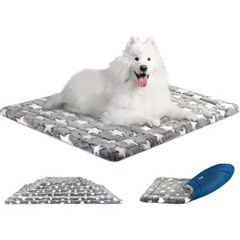 Круглий килимок для собак KROSER Fancy Crate Pad, двосторонній (холодний та теплий), машинне прання, для собак маленьких та XXX-Large, сірий, темно-синій, зірковий принт (106 x 71 x 3 см)