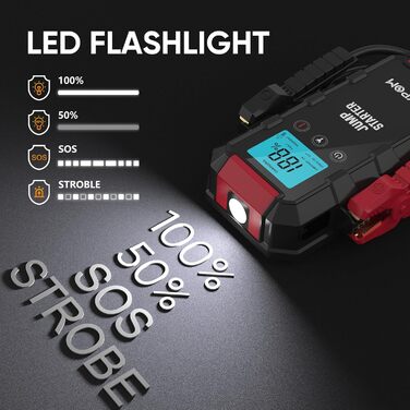 Портативний пусковий пристрій для автомобіля: 6000A, 12V, LED-ліхтарик, для бензинових та дизельних двигунів до 12.0L