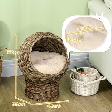 PawHut Rattan Cat Basket Cat Cave Cat House Cat Bed with Cushion Pet Bed Water Hyacinth 42 x 33 x 52 cm (42L x 33W x 52H cm, Coffee)