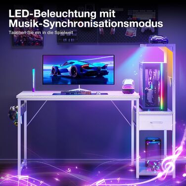 Ігровий стіл Coleshome з LED-підсвічуванням, з ящиками та полицею, регульований, з тримачем для навушників (білий карбон, 120×48 см)