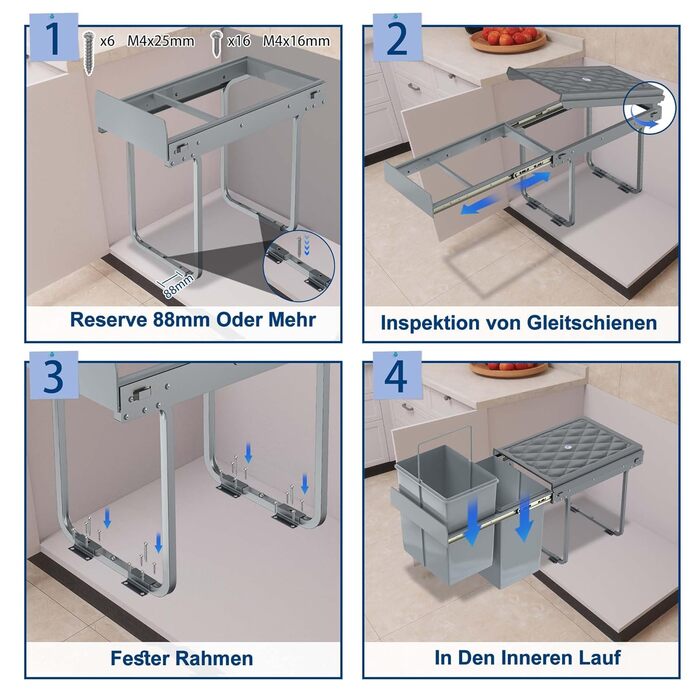 Вбудований контейнер для сміття HENGMEI, сірий, 2x20L (висувний, для кухні)
