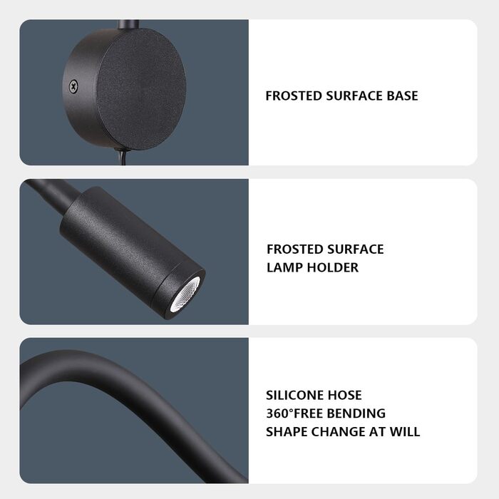 Настінний світлодіодний світильник для читання 3W теплий білий 3000K чорний з вимикачем на шнурі