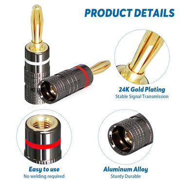 12шт банан-штекерів, 24K позолота, банан-штекерні роз'єми з гвинтовою фіксацією для акустичних кабелів, аудіо, динаміків, терміналів, паяння, HiFi, ресивери, підсилювачі, 6 червоних та 6 білих