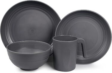 Набір посуду з PP | Легкий та незламний сервіз з 16 предметів для дітей та дорослих, 4 тарілки, 4 десертні тарілки, 4 миски, 4 чашки (сірий)