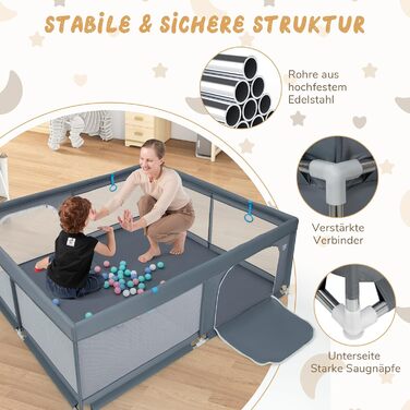 DREAMADE Playpen Baby, 200 x 180cm Playard with 50 Balls & 4 Grips & Carry Bag, Foldable Crawling Gate with Breathable Mesh, for Baby & Toddlers 0-36 Months (Dark Grey)