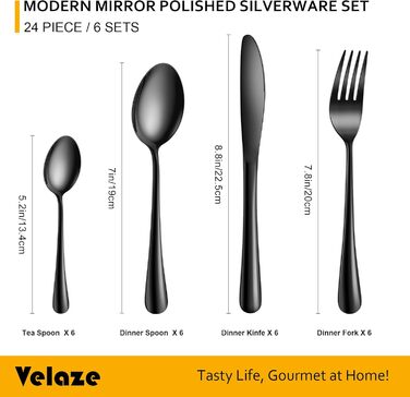 Набір столових приборів Velaze, 24 штуки, нержавіюча сталь 18/10, набір столових приборів на 6 осіб (ложки, виделки, ножі, чайні ложки), полірований, з подарунковою коробкою, придатний для миття в посудомийній машині