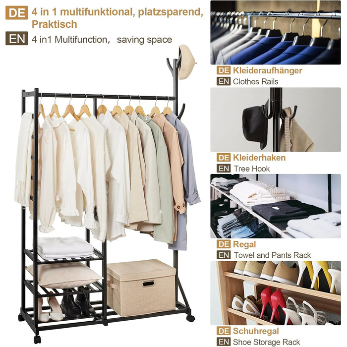 Yorbay Bamboo Clothes Rack with Wheels, Clothes Rail, 3 Shelves and 6 Hooks, Tree Shape, 100 x 38 x 176 cm (Black)
