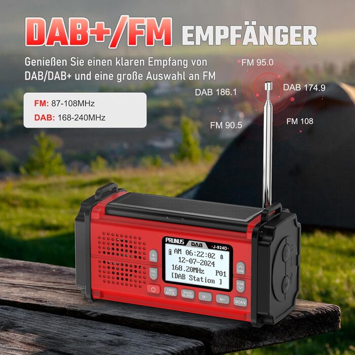 Радіоприймач PRUNUS J-924D: Цифрове DAB+/UKW радіо, радіоприймач для надзвичайних ситуацій з акумулятором 10000mAh, Bluetooth, ліхтарик, SOS-сигнал, зарядка для телефону. (Зелений/Червоний)