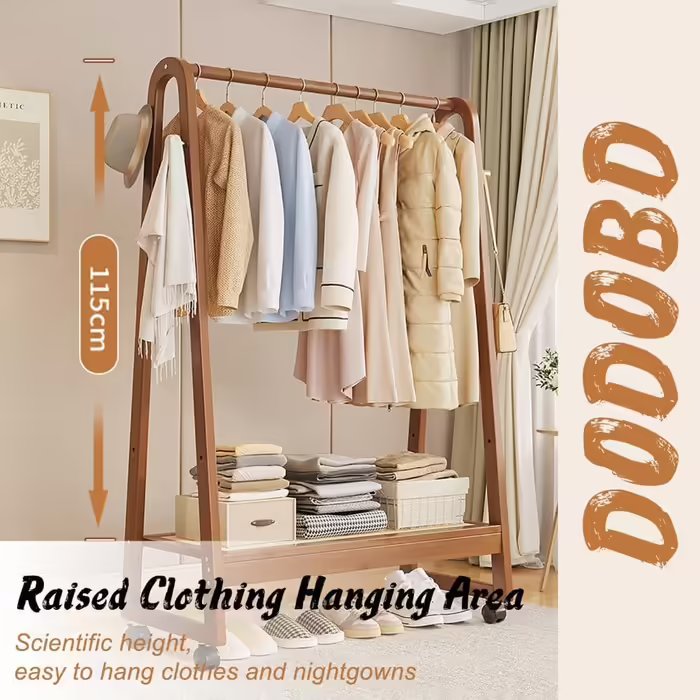 Rolling Garment Rack, Coat Rack, Open Wooden Wardrobe, Wooden Clothes Rail with Blue, Bamboo, Multifunctional, Freestanding, Stable, for Entryway, Living Room and Office (50CM, B)