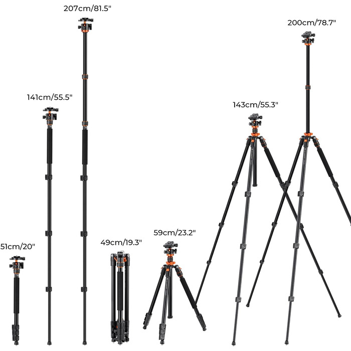 Штатив K&F Concept 200CM для камери: трипод з кульковою головкою, 360° обертання, 1/4'' гніздо, витримує до 10 кг, з виносним плечем
