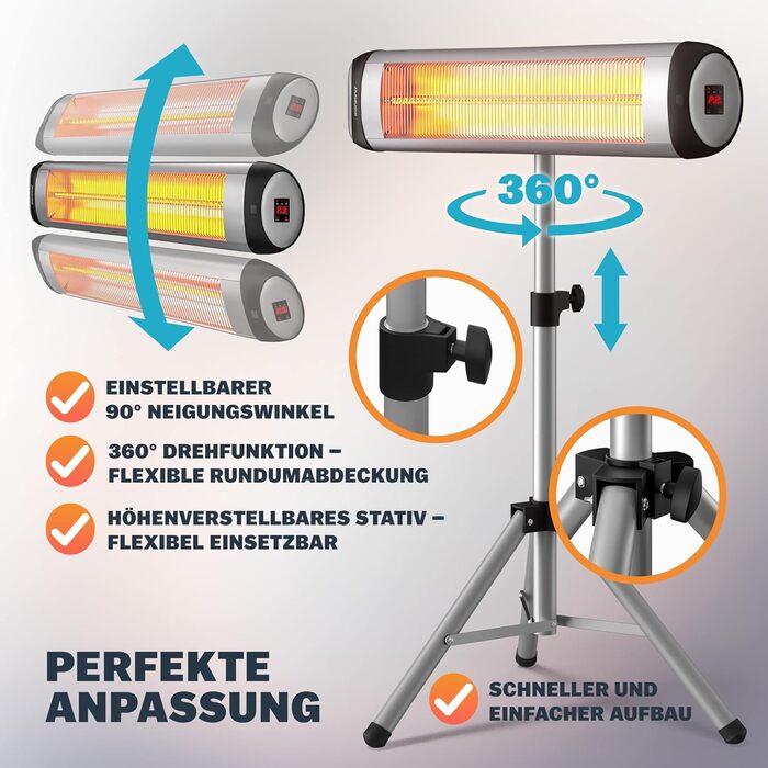 Інфрачервовий обігрівач MONZANA® MZH2501 з таймером, 2500W, 3 режими, 24 год, пульт ДУ, кут нахилу 90°, електричний, для тераси (сріблястий, з телескопічним штативом)