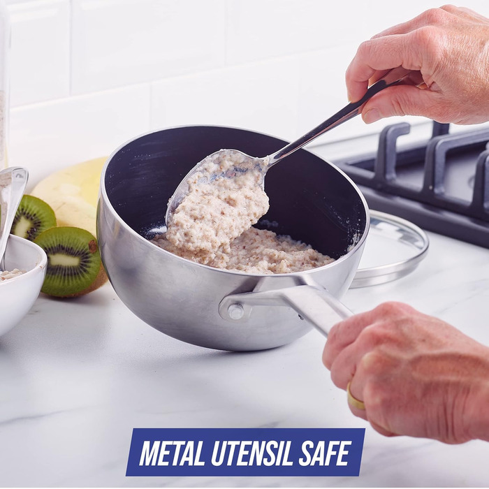 Набір посуду Blue Diamond Cookware (11 предметів): сковороди, каструлі з нержавіючої сталі з покриттям DiamantKeramik, антипригарне покриття, без PFAS, для індукційних плит, можна мити в посудомийній машині та використовувати в духовці, срібний колір