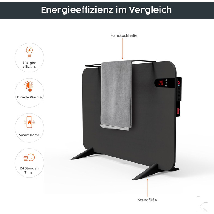 Обігрівач KönigsHaus 450W Smart з інфрачервоним випромінюванням V2 - підлоговий/настінний - керування через Wi-Fi з пульт дистанційного керування - з тримачем для рушників, ніжками та кріпленням. Колір: Білий. Потужність: 450 Вт